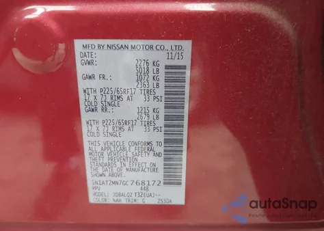 2016 Nissan Rogue Sv z USA, uszkodzony, nr VIN 5N1AT2MN7GC768172